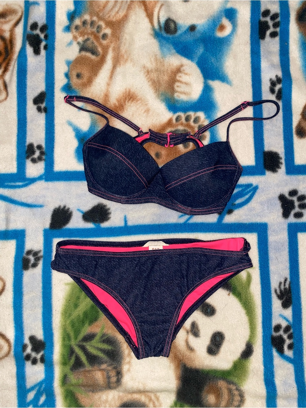 TYR Navy Denim-Look Bikini with Hot Pink Lining